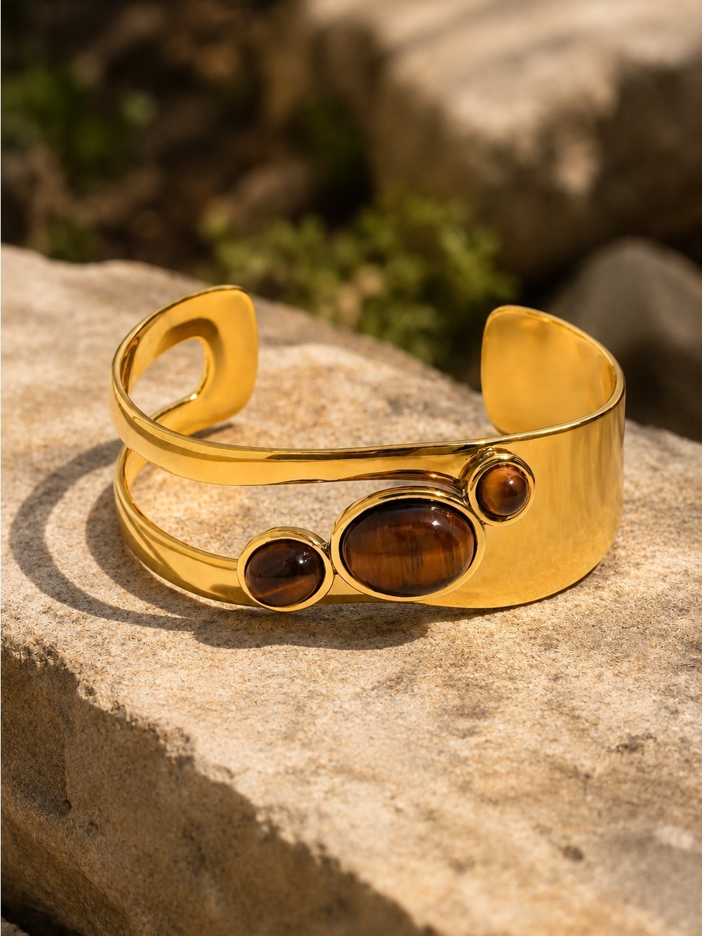 Gold plated Cuff Bracelet with Brown Cabochons